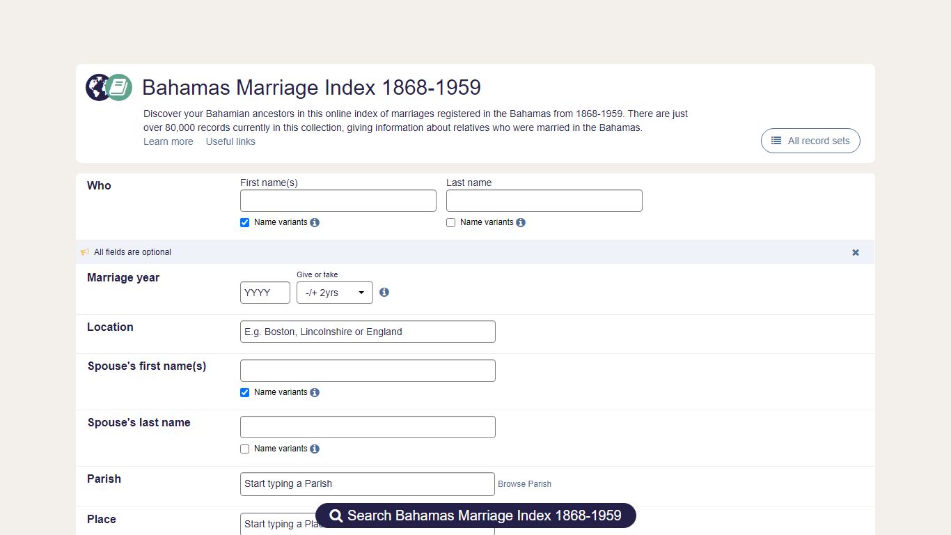 Bahamas Marriage Index 1868-1959 | findmypast.com